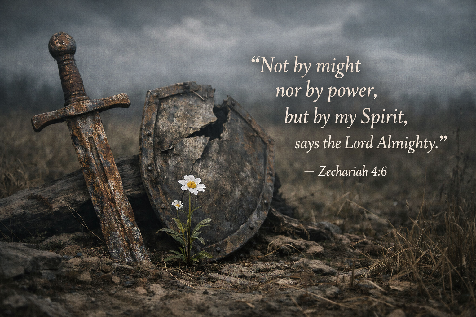 Bible verse wallpaper Zechariah 4:6 with rusty sword and broken shield abandoned in field beside growing wildflower